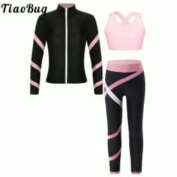 Teen Girls Figure Skating Sports Suit 3Pcs Bra Tops Shorts Leggings Jacket Set for Workout Gymnastics Fitness Yoga Training