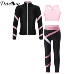 Teen Girls Figure Skating Sports Suit 3Pcs Bra Tops Shorts Leggings Jacket Set for Workout Gymnastics Fitness Yoga Training