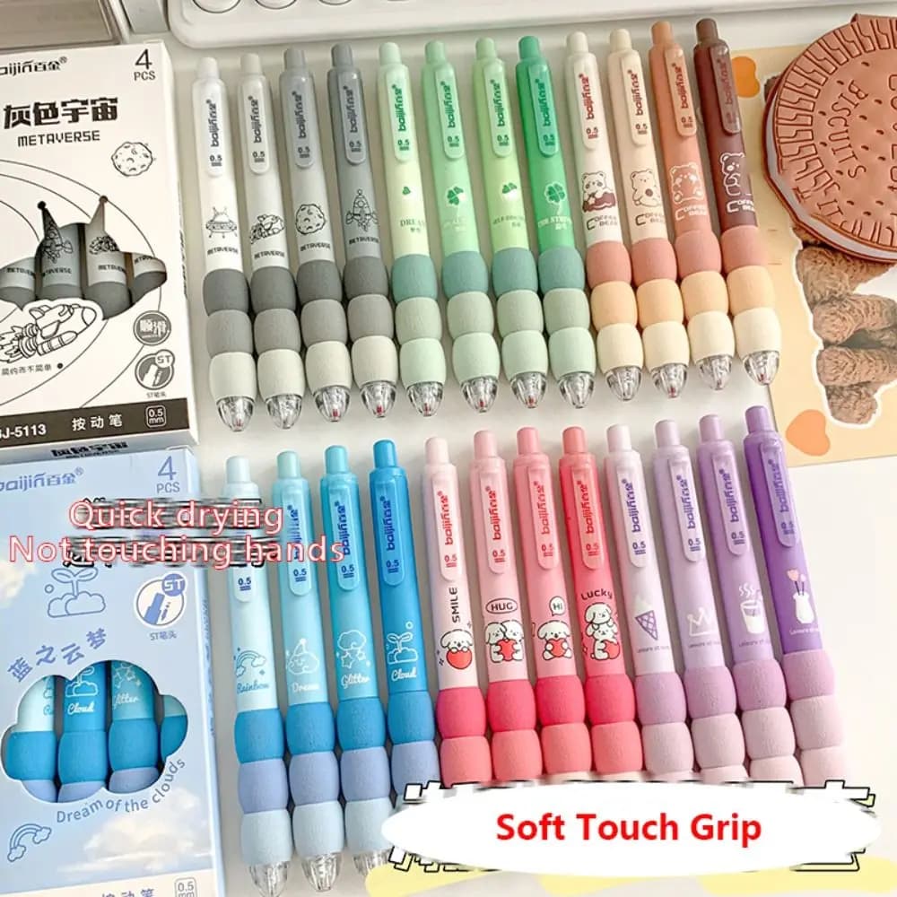 4PCS/Set Soft Touch Grip Gel Pen ST Tip Ballpoint Pen 0.5mm Black Ink Neutral Pen Creative Student Gift Sign Pen Stationery