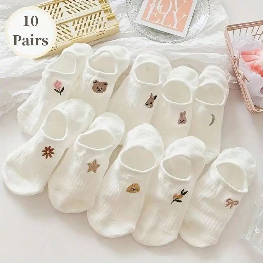 10 Pairs Women Boat Socks Set Fashionable Versatile Ankle Socks Comfortable Breathable Soft Cute Cartoon Pattern White Socks