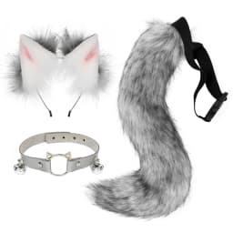 Cat Ears and Wolf Fox Animal Tail Cosplay Costume Faux Fur Hair Clip Headdress Halloween Leather Neck Chocker Set