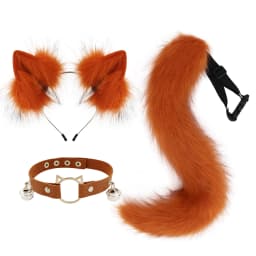 Cat Ears and Wolf Fox Animal Tail Cosplay Costume Faux Fur Hair Clip Headdress Halloween Leather Neck Chocker Set