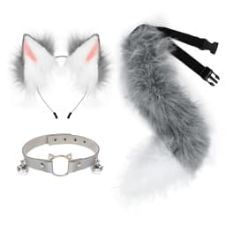 Cat Ears and Wolf Fox Animal Tail Cosplay Costume Faux Fur Hair Clip Headdress Halloween Leather Neck Chocker Set