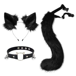 Cat Ears and Wolf Fox Animal Tail Cosplay Costume Faux Fur Hair Clip Headdress Halloween Leather Neck Chocker Set