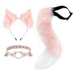 Cat Ears and Wolf Fox Animal Tail Cosplay Costume Faux Fur Hair Clip Headdress Halloween Leather Neck Chocker Set