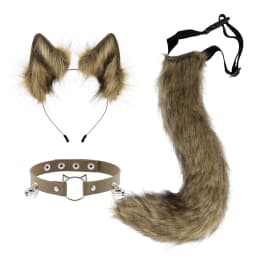 Cat Ears and Wolf Fox Animal Tail Cosplay Costume Faux Fur Hair Clip Headdress Halloween Leather Neck Chocker Set