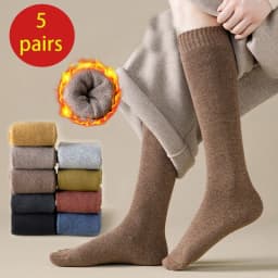 5 Pairs Of Winter Women's Warm Socks Solid Color Breathable And Thickened Knee Length Socks Harajuku Casual Cotton Socks