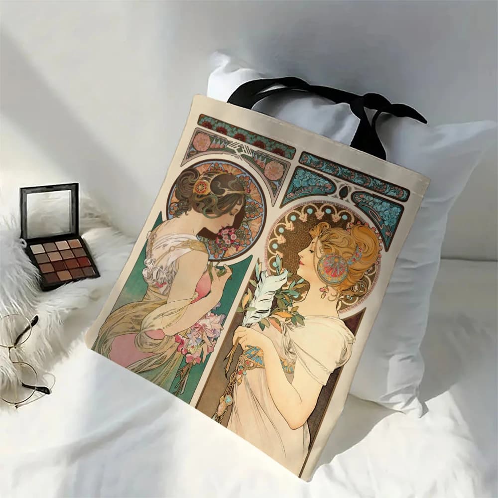 Mucha Series Digital Printed Linen Bag Open Tote Bag Handbag Retro Shopping Bag