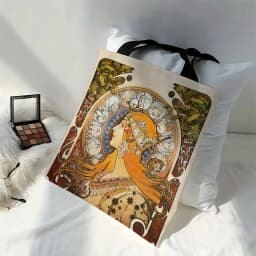 Mucha Series Digital Printed Linen Bag Open Tote Bag Handbag Retro Shopping Bag