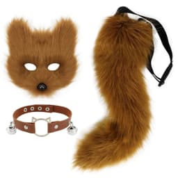 Faux Fur Fox Mask Wolf Cat Fluffy Tail and Leather Necklace Set Halloween Party Cosplay Costume Accessory