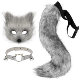 Faux Fur Fox Mask Wolf Cat Fluffy Tail and Leather Necklace Set Halloween Party Cosplay Costume Accessory