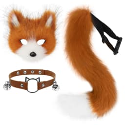 Faux Fur Fox Mask Wolf Cat Fluffy Tail and Leather Necklace Set Halloween Party Cosplay Costume Accessory