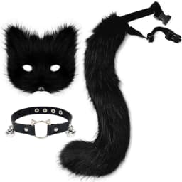 Faux Fur Fox Mask Wolf Cat Fluffy Tail and Leather Necklace Set Halloween Party Cosplay Costume Accessory