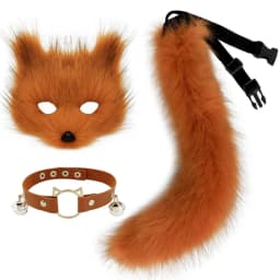 Faux Fur Fox Mask Wolf Cat Fluffy Tail and Leather Necklace Set Halloween Party Cosplay Costume Accessory
