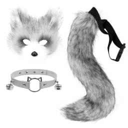 Faux Fur Fox Mask Wolf Cat Fluffy Tail and Leather Necklace Set Halloween Party Cosplay Costume Accessory