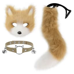 Faux Fur Fox Mask Wolf Cat Fluffy Tail and Leather Necklace Set Halloween Party Cosplay Costume Accessory