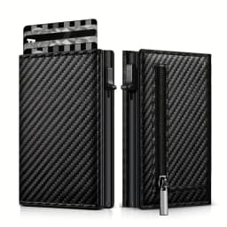 Men's Carbon Fiber Magnetic Card Clip Leather RFID Triple Fold Card with Zipper Wallet Pop Up Smart AirTag Wallet