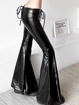 New Personality Drawstring Folding Bow PU Leather Flare Pants Europe And The United States Sexy Low Waist Solid Color Pants