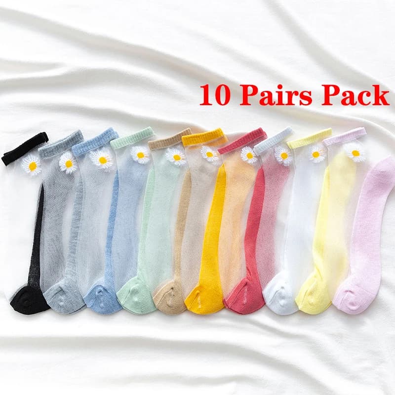 10 Pairs Women White Daisy Flower Short Socks Set Fashion Summer Thin Breathable Candy Color Transparent Crystal Silk Ankle Sock