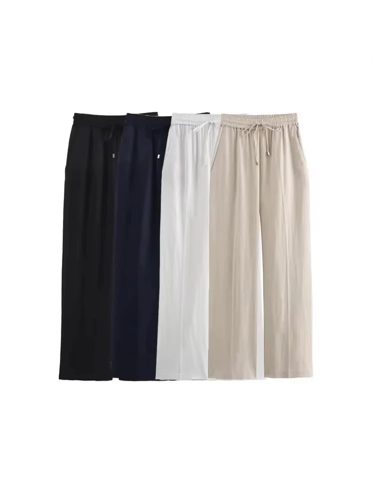 Women's Straight Pants with Front Pockets, High Elastic Waist, Drawstrings, Female Trousers, Chic Fashion