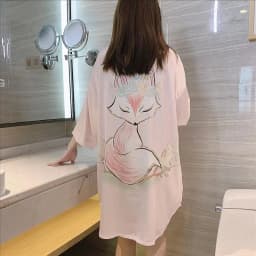 Women Summer One Piece Dress Short Sleeve lapel Cardigan Pajamas Thin Sexy Loose Cartoon Printing Shirt Skirt Big Size Girls
