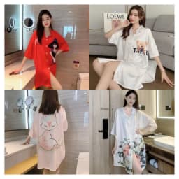 Women Summer One Piece Dress Short Sleeve lapel Cardigan Pajamas Thin Sexy Loose Cartoon Printing Shirt Skirt Big Size Girls