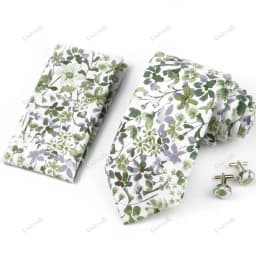 High Quality 7cm Floral Cotton Ties Hanky Cufflink Set Green Blue Skinny Necktie For Men Wedding Party Groom Cravat Accessories