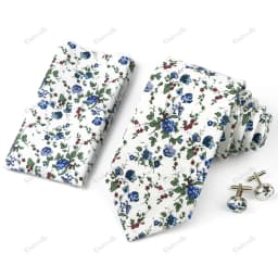 High Quality 7cm Floral Cotton Ties Hanky Cufflink Set Green Blue Skinny Necktie For Men Wedding Party Groom Cravat Accessories