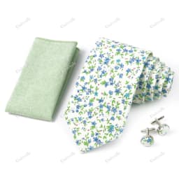 High Quality 7cm Floral Cotton Ties Hanky Cufflink Set Green Blue Skinny Necktie For Men Wedding Party Groom Cravat Accessories