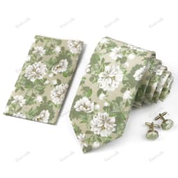 High Quality 7cm Floral Cotton Ties Hanky Cufflink Set Green Blue Skinny Necktie For Men Wedding Party Groom Cravat Accessories