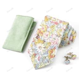 High Quality 7cm Floral Cotton Ties Hanky Cufflink Set Green Blue Skinny Necktie For Men Wedding Party Groom Cravat Accessories