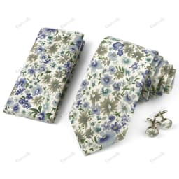 High Quality 7cm Floral Cotton Ties Hanky Cufflink Set Green Blue Skinny Necktie For Men Wedding Party Groom Cravat Accessories
