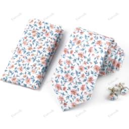 High Quality 7cm Floral Cotton Ties Hanky Cufflink Set Green Blue Skinny Necktie For Men Wedding Party Groom Cravat Accessories