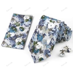 High Quality 7cm Floral Cotton Ties Hanky Cufflink Set Green Blue Skinny Necktie For Men Wedding Party Groom Cravat Accessories