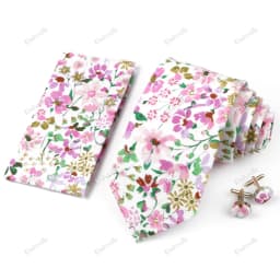High Quality 7cm Floral Cotton Ties Hanky Cufflink Set Green Blue Skinny Necktie For Men Wedding Party Groom Cravat Accessories