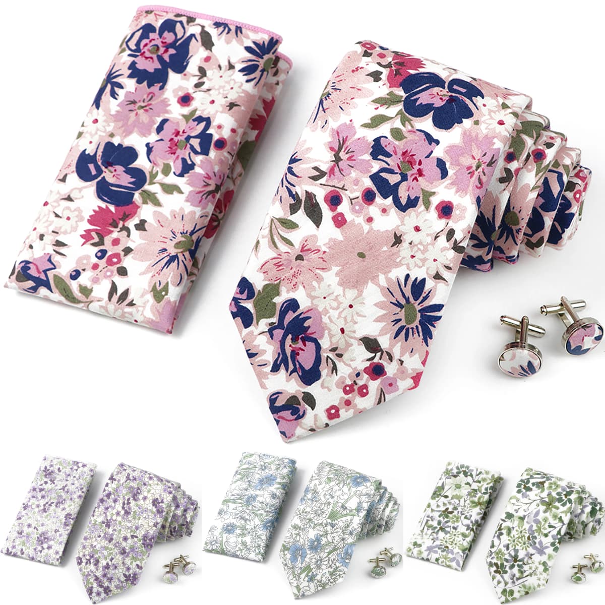 High Quality 7cm Floral Cotton Ties Hanky Cufflink Set Green Blue Skinny Necktie For Men Wedding Party Groom Cravat Accessories
