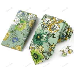 High Quality 7cm Floral Cotton Ties Hanky Cufflink Set Green Blue Skinny Necktie For Men Wedding Party Groom Cravat Accessories