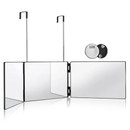 Travel Portable 360° Trifold Vanity Makeup Mirror with Height Adjustable Telescoping Hook for Hair Self Cutting, Shaving, Gifts