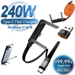 240W Super Fast Charging Data Cable 2-in-1 Folding Stand For IPhone 15-17 For Android Holder Charger Cable C To C, USB To C