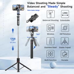 F16 Selfie Stick Tripod with 1708mm Long 8-Section Pole, Bluetooth Remote, 360° Rotation, 1/4 Interface, for Phone Camera Vlog