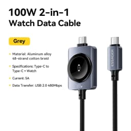 Essager 100W Fast Charging 2-in-1 Magnetic Cable for iPhone 17/16/15/14 Apple Watch Type-C to Type-C for Watch Charging