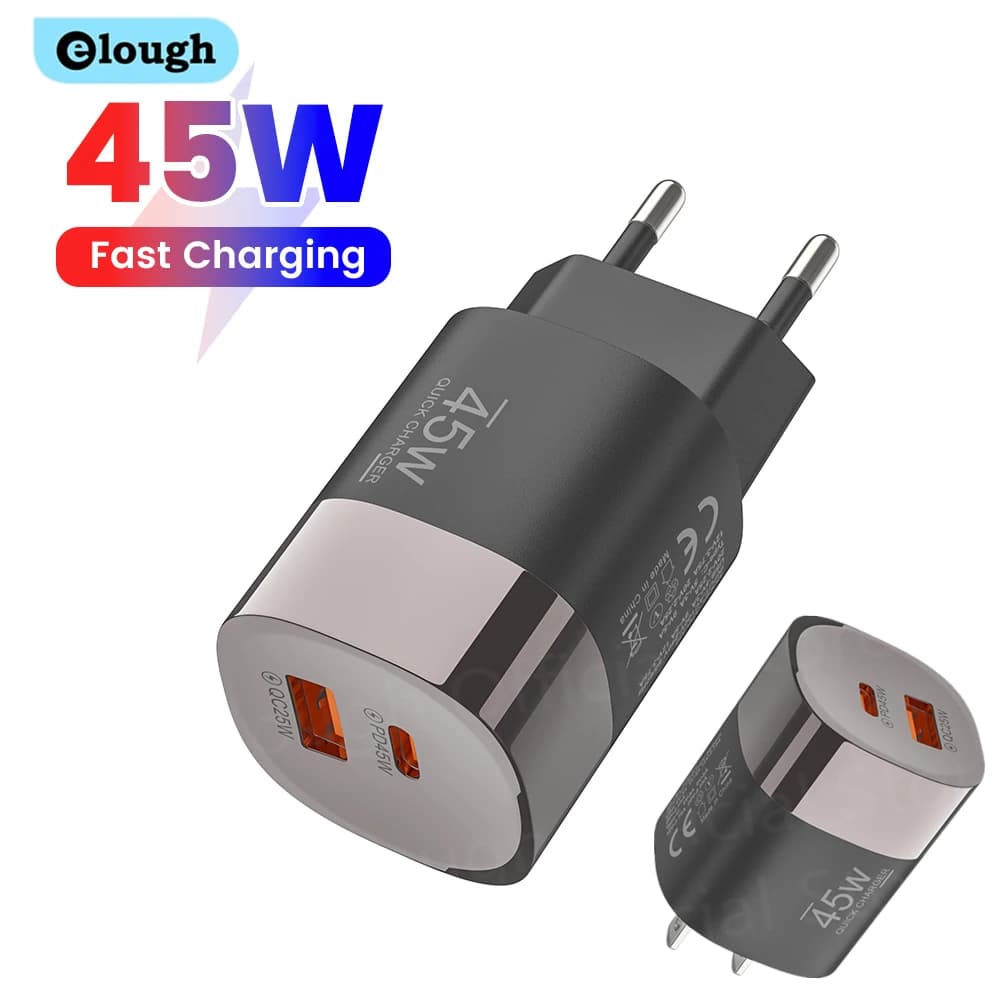 Elough 45W USB Type C Phone Charger Super Fast Charge 2 Port Wall Charger USB PD Adapter For iPhone Realme Huawei USB C cargador