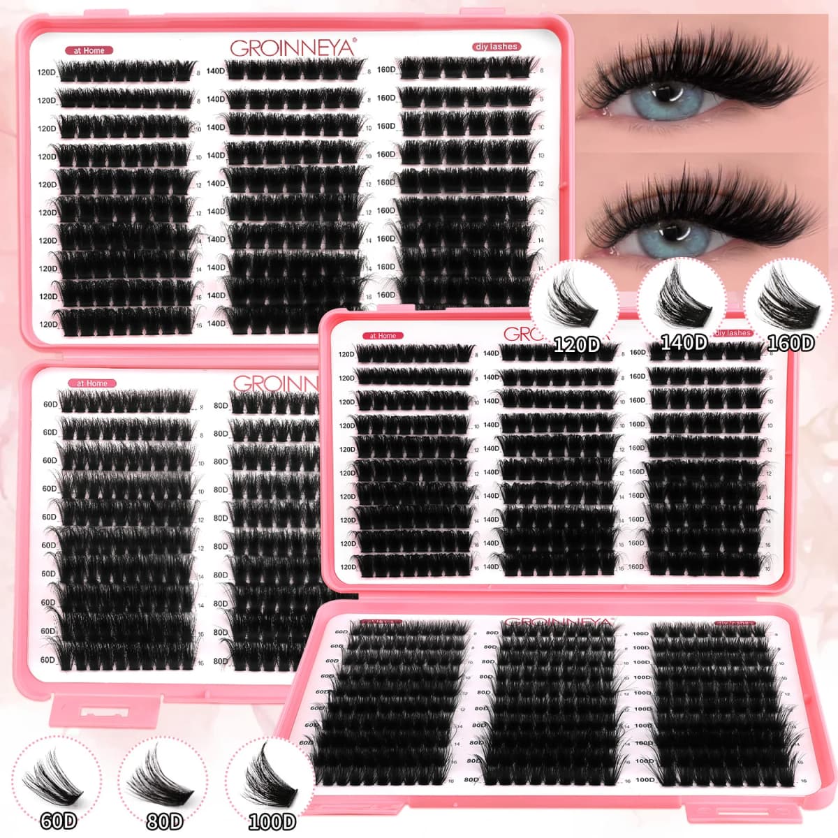 GROINNEYA Lashes Cluster DIY Lash Extension Mixed Tray Clusters Eyelashes Fluffy Volume Individual Lashes Cat Eye Lash Extension