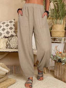 Women Cotton Pants Summer Casual Vintage Pockets Thin Beach Trousers Female Elastic Waist Wide Leg Retro Loose Harem Pants