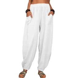 Women Cotton Pants Summer Casual Vintage Pockets Thin Beach Trousers Female Elastic Waist Wide Leg Retro Loose Harem Pants