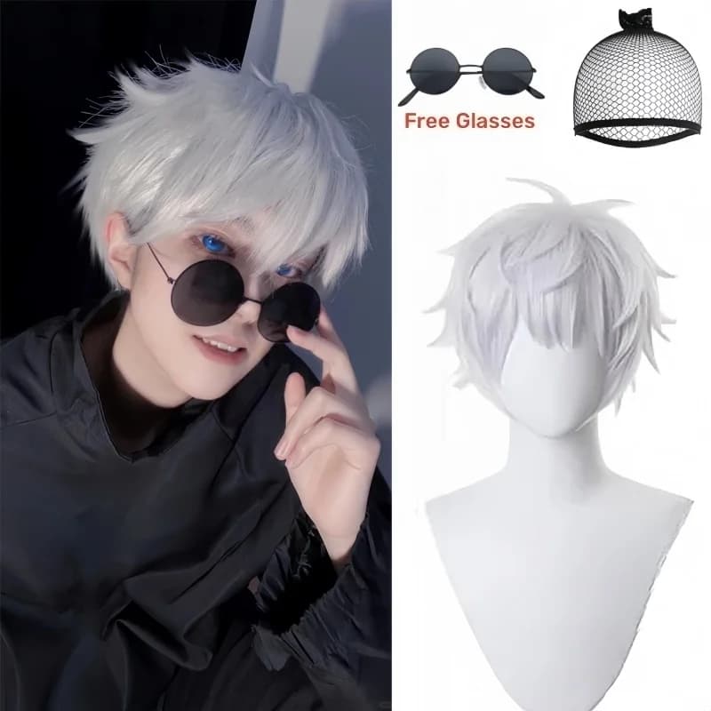 Jujutsu Kaisen Cosplay Wig Gojo Satoru Wig with Black Glasses Silver White Wig with Wig Cap for Cosplay Halloween Costume Party
