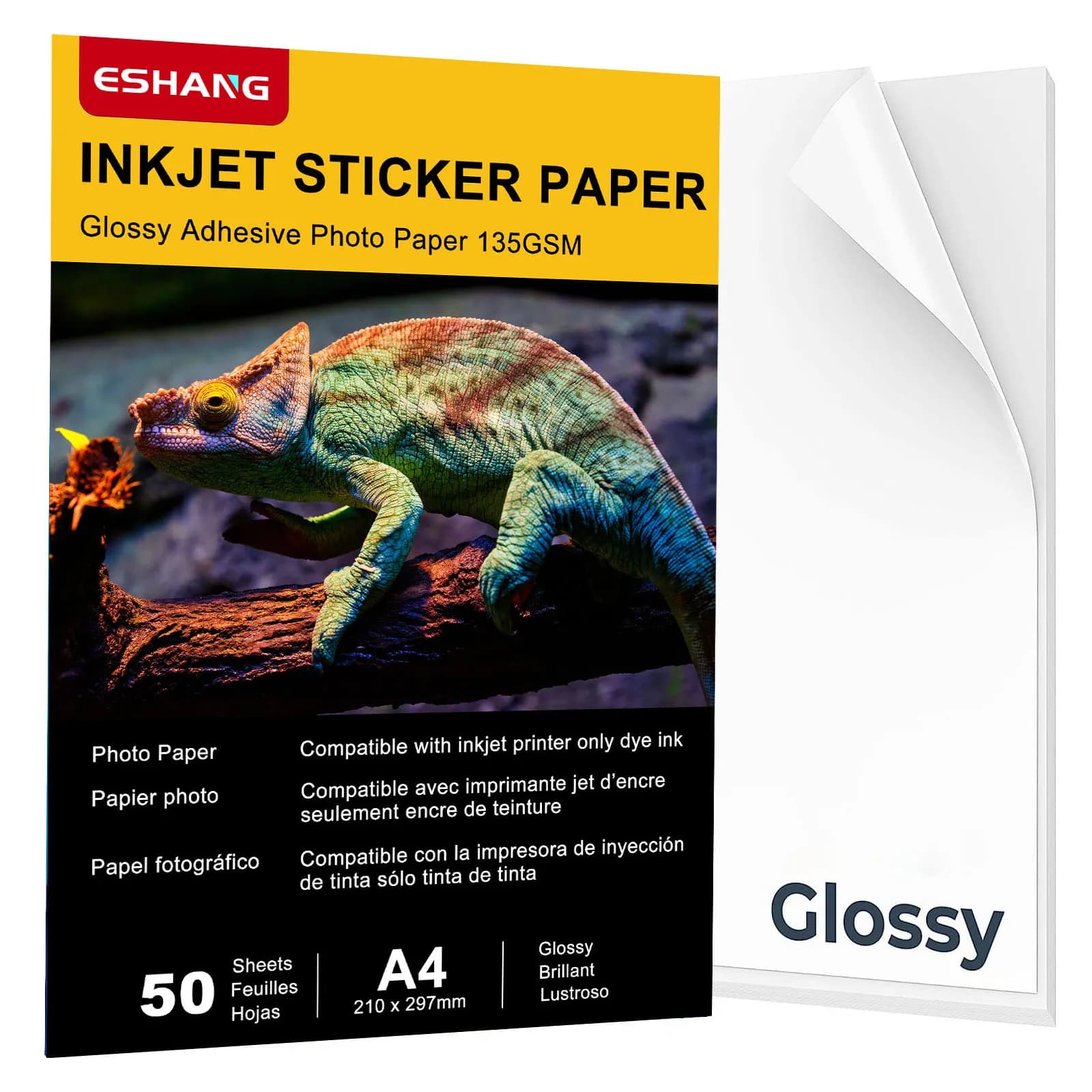 ESHANG Self-Adhesive Photo Paper, A4 Glossy Sticker Paper for Inkjet Printer, 8.3 X 11.7 Inch, 50 Sheets, 135 GSM 36Ib