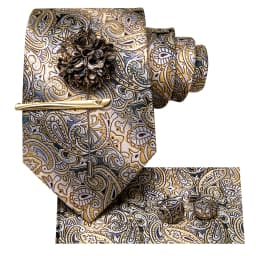 Hi-Tie Yellow Brown Paisley Tie For Men Men's Tie Clip Gift For Men Luxury Necktie Hanky Cufflinks Set Formal Wedding