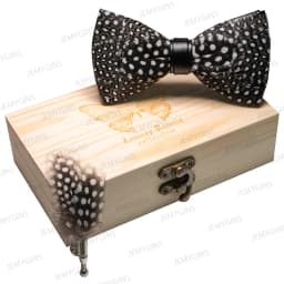 JEMYGINS Original New Design Bow Tie Natural Feather Exquisite Hand Made Men Luxury Bow Tie Wooden Gift Box Set Wedding Party
