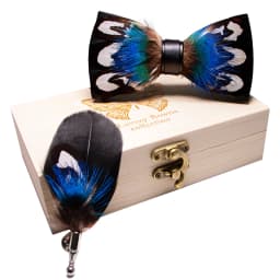 JEMYGINS Original New Design Bow Tie Natural Feather Exquisite Hand Made Men Luxury Bow Tie Wooden Gift Box Set Wedding Party